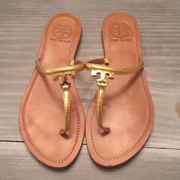 Tory Burch Shoes - Tory Burch Gold T Logo Flat Sandals 